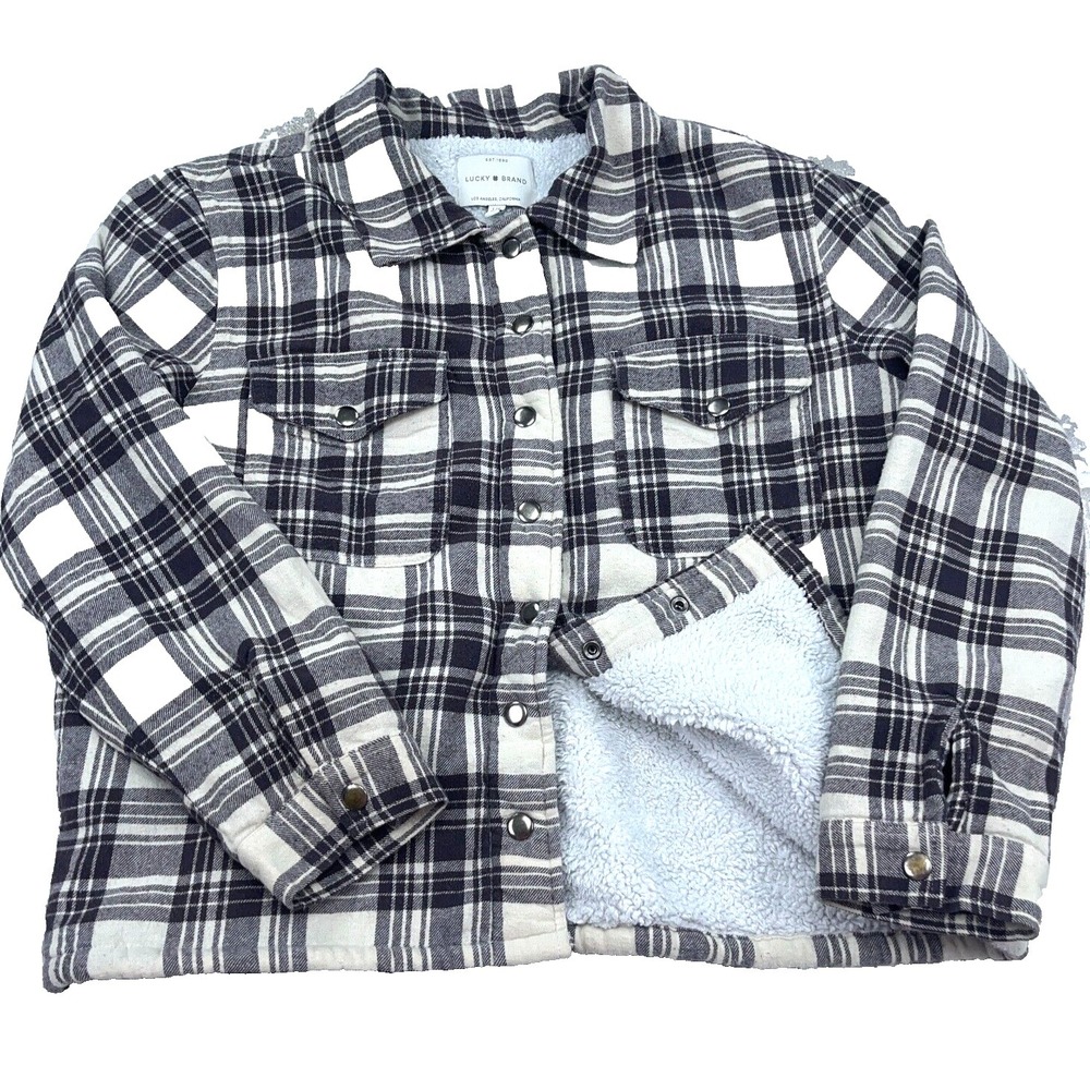 Lucky Brand Shacket Women‎ Large Black White Flannel Jacket Shirt Snap Button